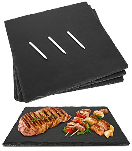 3 Stück 30.5x30.5 cm großes Schiefer-Käsebrett mit 3 Speckstein-Kreiden, schwarze Charcuterie-Schneidebrett-Teller, Naturstein-Gourmet-Servierplatte für Käse, Sushi, Gebäck, Brot, Snack, Fleisch