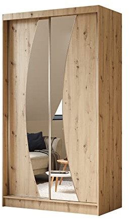 ALTDECOR Kleiderschrank mit Spiegel und Schiebetüren, kugelgelagerte Führungsschienen und Aluminium-Leisten - VOXI - 120 cm Eiche Artisan