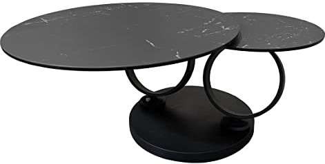 Meubletmoi Shiva Couchtisch, 2 runde Tabletts, drehbar, aus Keramik, Anthrazit-Marmor, mit Zikular und schwarzen Metallbeinen, Schwarz
