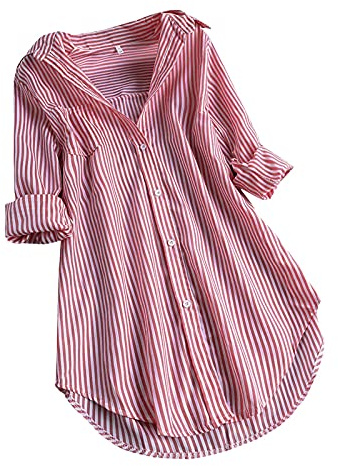 Longbluse Damen Elegant Langarmshirt Longbluse Blau-Weiß Gestreifte Lang Damenhemd Sommer Oversized Tunika Hemd Mode V-Ausschnitt Leicht Große Größen Oberteile Tops Streifenbluse Hemdbluse @A
