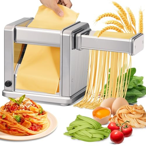 Maxceysen Domestic Electric Pasta Maker Automatic Stainless Steel Noodle Machine with Adjustable Dough Roller/Cutter for Home Handmade Spaghetti, Fettuccini, Lasagna, Pie Crust, Dumpling, Wonton