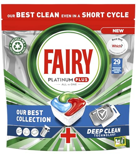 Fairy Platinum Plus Deep Clean Dishwasher Tablets, Fresh Herbal Breeze, 29 Tablets, Our Best Cleaning For A Clean Like New, Removes Dullness & Prevents Limescale