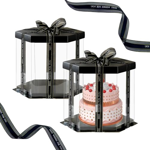 Shiawase Tortenschachtel Durchsichtig, Tortenbox Geschenkbox Transparent 2 Stück, Cake Box Hexagon für Geburtstag Dessert 30x30x25cm (Schwarz)
