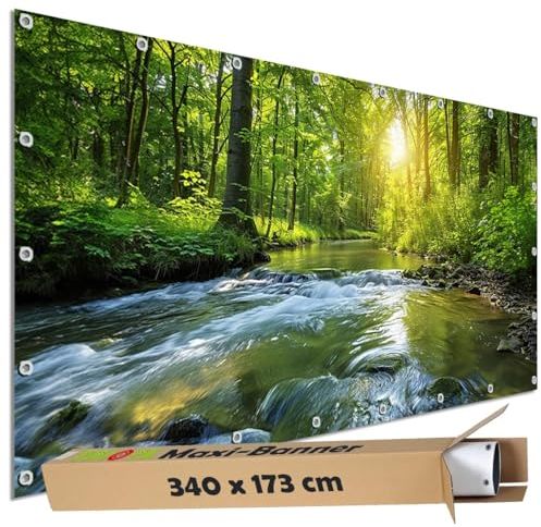 TRIOSK Sichtschutz Garten Dekoration Plane groß mit Natur Motiv Wald Bach Wasser Baum Motivbanner Blickdicht für Terrasse Zaun Gartenzaun Gartenposter PVC Zaunblende 340x173 cm