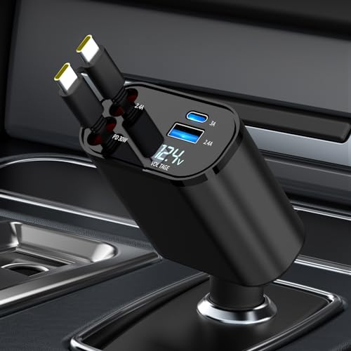 COCIVIVRE Handy Auto Ladegerät,4 in 1 Retractable Car Charger USB C 60W,USB Zigarettenanzünder Adapter,Kompatibel mit iPhone 15/14/13/12/Pro Max/Plus/Pro,Sumsung Galaxy S24/S23/S22/S21(2 Type-C).