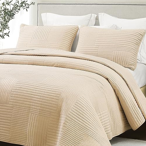 Whale Flotilla Tagesdecke Bettüberwurf 220x240 cm, Bedspreads aus Mikrofaser mit 2 Kissenbezüge, Weiche und Leichte Steppdecke mit Streifenmuster für alle Jahreszeiten, Beige