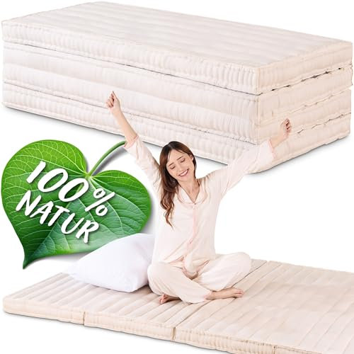 Namasdee Klappmatratze 200x120x8cm mit 100% natürlicher Kapokfüllung (Weiß Uni)