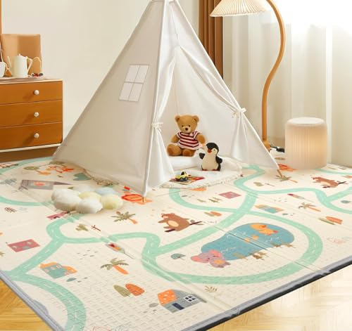 Krabbelmatte Baby Faltbar 200x180x1 cm, Faltbare Spielmatte Baby Groß, Beidseitig Wendbare Playmat, Schadstoff frei Wasserdichte und Rutschfeste mit Tragetasche für Innen und Außen