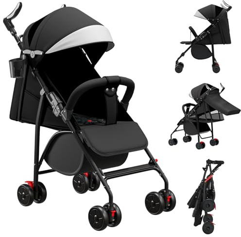MUL-BOUTIQUE Kinderwagen ab 0-4 Jahre, 0-28 kg,reisebuggy mit liegefunktion，federleichter, kompakter Buggy, 3 Liegepositionen, flache Liegeposition, klein zusammenklappbar, Schultergurt (Schwarz)