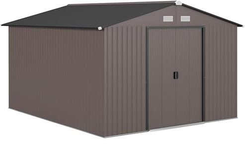 Outsunny Casetta da Giardino 8.3m² in Acciaio Zincato Marrone | Capanno da Giardino Capanno Porta Attrezzi, Kit Fondazione, Prese d'Aria, Tetto Inclinato, Doppia Porta Scorrevole Bloccabile