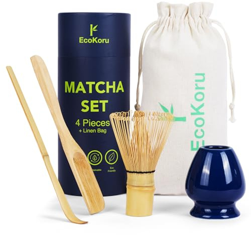 EcoKoru - Set Té Matcha | Kit Tradicional 4 Piezas con Batidor de Bambú Natural (100 Puntas), Soporte Cerámico Azul Marino, Chashaku, Espátula y Bolsa de Lino Ecológica