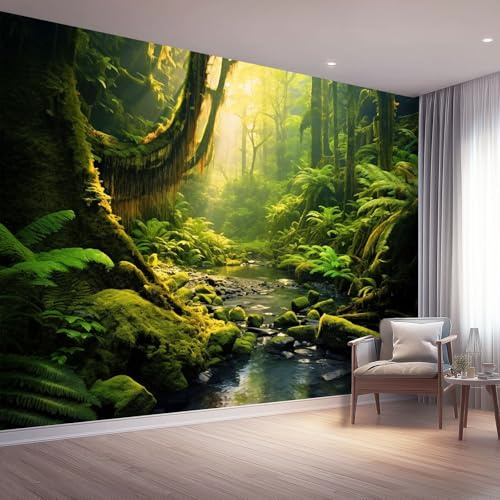 Tropical Rainforest Wall Mural 350 x 256 cm (W x H), Realistic Forest Photo Wallpaper with Sunbeams and Green Trees, Nature Landscape Wall Art Decor for Living Room, Bedroom and Lounge Feature Wall