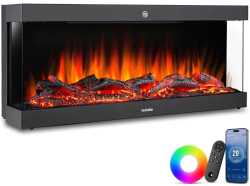 tectake® Chimenea Electrica Decorativa con Efecto Llama 3D Realista, 2 Niveles de Potencia 900W y 1800W, Control Digital, Chimenea Eléctrica con Mando a Distancia - 24,5 x 91,4 x 38 cm