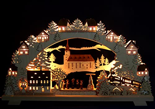 Großer 3D Schwibbogen 68cm Weihnachtsdorf mit Zug Handwerkskunst aus dem Erzgebirge, Lichterbogen mit Eisenbahn