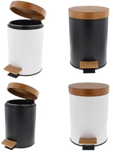 Mülleimer Tischmülleimer Abfalleimer 3L Kosmetikeimer in edlem schwarzem Design Tretmülleimer mit Absenkautomatik Soft Close Eleganter Eimer fürs Bad mit Innenbehälter und Bambus-Holzdeckel Schwarz