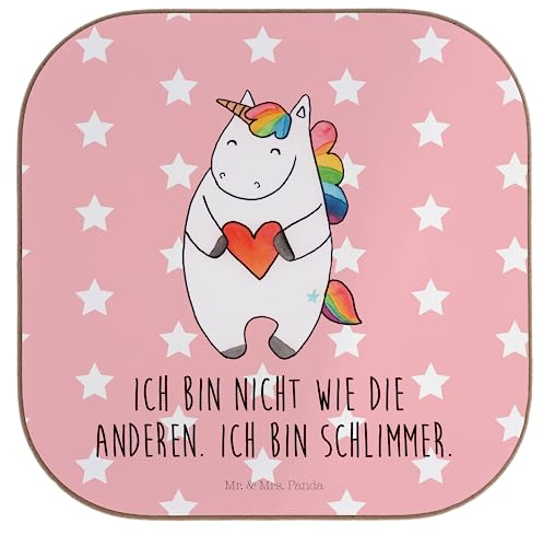 Mr. & Mrs. Panda Tischuntersetzer Einhorn Herz - Geschenk, Tassenuntersetzer, gläseruntersetzer, böse, Untersetzer Gläser, Holzuntersetzer, Lustig, Unicorn, Tischschoner, Einhörner