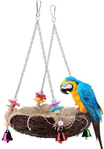 Natürliches Rattan, Vogelnest, Papagei, Käfig, Hängematte, Schaukel, Spielzeug mit Glocken, für Ara, Amazon, Grau, Afrikanisch, Budgie, Wellensittiche, Coat, Cockbird, untrennbar (groß)