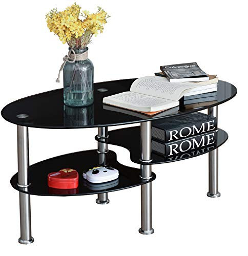 GOPLUS 3 Ebenen Couchtisch Glas, Beistelltisch oval mit Metallgestell, Glastisch Wohnzimmertisch für Wohnzimmer & Büro, modernes Design (Schwarz)