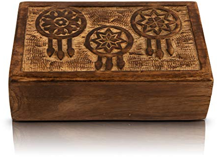 Great birthday gift, handmade, decorative jewelry box made of wood with dream catcher carvings, jewelry organizer, souvenir, treasure chest, watch box, storage box, 20.32 x 12.7 cm