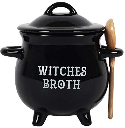 MCM Bol à soupe avec cuillère en forme de chaudron de sorcière avec inscription Witches Broth - Bone China Construction - Porcelaine - Gothique