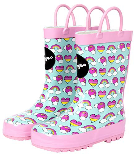 fringoo - Bottes de pluie pour enfants - Caoutchouc - Accents rose fluo - Coeur multicolore et arc-en-ciel - Bottes de pluie pour enfants