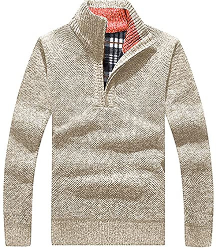 Les umes Mens Quarter Zip Jumper Plaid Fleece Lined Knit Turtleneck Sweater Warm Long Sleeve Stand Collar Pullover Khaki S