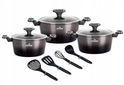 ZILNER 10-teiliges Kochgeschirr-Set – Induktionsgeeignete Marmor-Keramik Töpfe & Pfanne – Antihaftbeschichtet & Spülmaschinenfest (Blau)