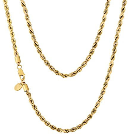 KRKC&CO 4mm massive Kordelkette Rope Kette Edelstahl, 18K Gold beschichtet Zopfkette, breite Goldkette für Herren Damen, Unisex Rope Halskette Seilkette, Geburtstag Weihnachten Geschenk, Länge 45,7cm