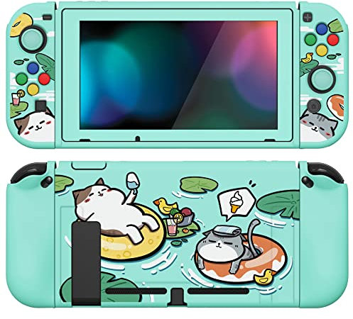 playvital Cover Protettiva Custodia per Nintendo Switch,Copertura Morbida Pellicola Vetro Temperato Copri Analogici Tasti per Nintendo Switch Joycon Console-ZealProtect-Gattini Festa in Piscina