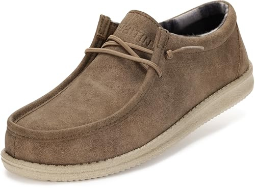 WHITIN Men's Casual Loafers Slip-on Leather Boat Shoes Fashion Deck Sneakers Size 10 Winter Warm Walking Light Brown 43