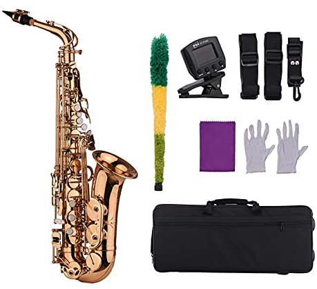 PECY Saxophon E Flaches Alt Saxophon Messing Material Windinstrument Mit Kofferhandschuhen Reinigungstuch Saxophon Mit Tuner