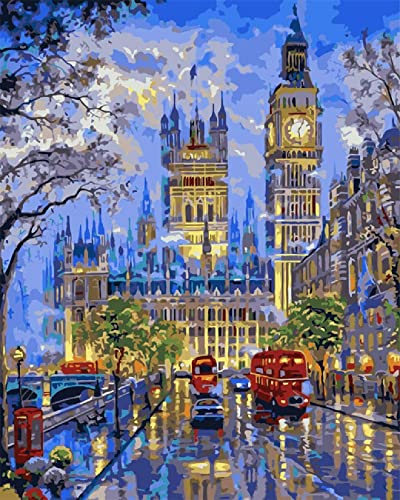 PNDGMCSY Malen Nach Zahlen Erwachsene,Big Ben-London-Straßen-Nachtszene Vorgedruckt Leinwand-Ölgemälde Geschenk für Erwachsene Kinder Malen Nach Zahlen Kits Home Haus Dekor 40 * 50cm