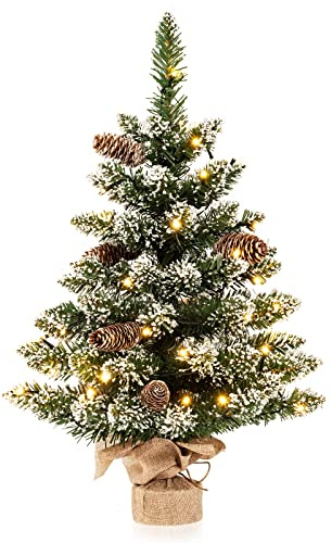 GYMAX 64 cm Weihnachtsbaum Künstlich Klein, Mini Tannenbaum mit 75 PVC-Nadeln, 8 Tannenzapfen, 50 LED-Leuchten & 8 Modi, Zementbasis, Tisch-Christbaum für Zuhause & Büro, Grün