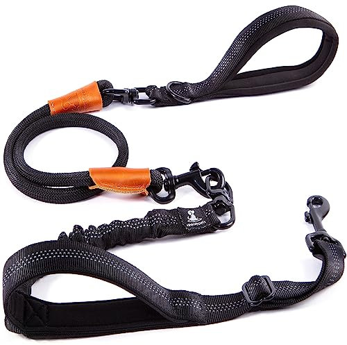 Strapazierfähige Bungee-Leine für große und mittelgroße Hunde mit Anti-Zug für Stoßdämpfung, rutschfeste, reflektierende Leine für draußen (verstellbar, Premium-Black, Bungee-Leine, 150 cm)