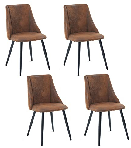MEUBLE COSY Esszimmerstühle 4er Set Küchenstühle Ergonomisch Wohnzimmerstuhl Retro Sessel mit Rückenlehne Sitzfläche aus Vintage Künstlich Wildleder Metallbeine Braun