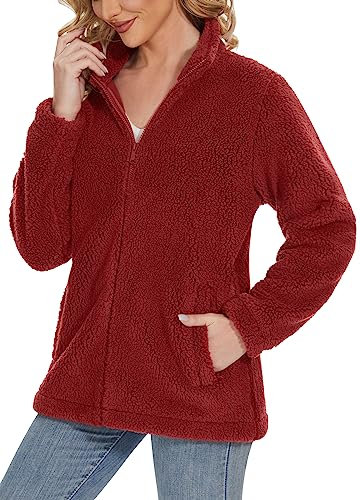 TACVASEN Damen Plüschjacke Warme Übergangsjacke Herbstjacke Winterpullover Frauen Teddy Jacke für Casual, Orangerot, L