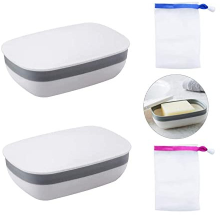 DDSHUN Lot de 2 porte-savon avec couvercle - Porte-savon de voyage étanche et 2 sacs à savon pour douche, voyage, randonnée, bar, salle de bain, école, salle de bain, salle de sport, cuisine