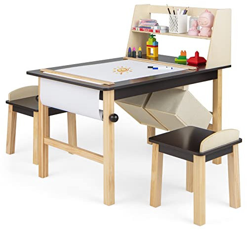 COSTWAY Kids Art Table and Chairs Set, Wooden Toddler Craft Desk with 2-Tier Open Shelf and 2 Storage Bins, Paper Roll and 2 Markers, Children Play Activity Furniture for Playroom Nursery