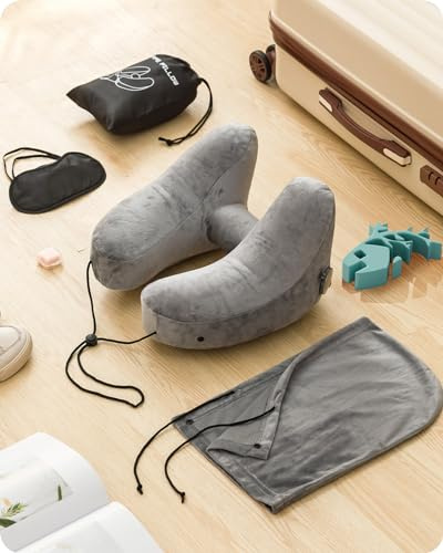 Baffect Inflatable Neck Pillow, H-Shape Neck Pillow with Hood (Gray) | Ergonomic Travel Pillow for Airplanes