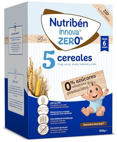 Nutribén innova ZERO 0% 5 Cereales, 500g, Trigo, Arroz, Avena, Cebada y Maiz, Bebés a Partir de 6 Meses, 0% Azúcares Añadidos y producidos, Cereales Integrales