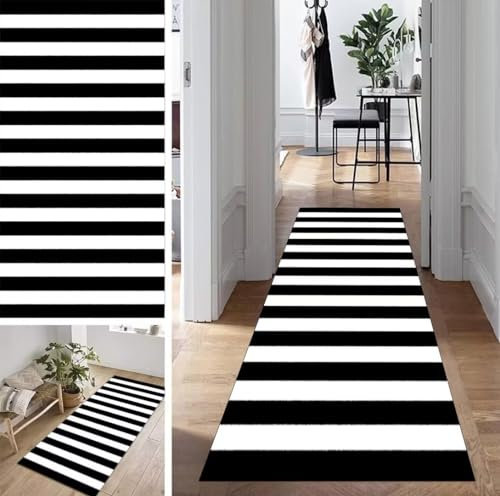 ZUZEKU Abstrakte Teppich Läufer Lang Flur Küche rutschfest Waschbar Teppichmattent 80X180cm Schwarz Weiß Vintage Küchenläufer Meterware Esszimmer Schlafzimmer Wohnzimmer Schmutzfangmatte