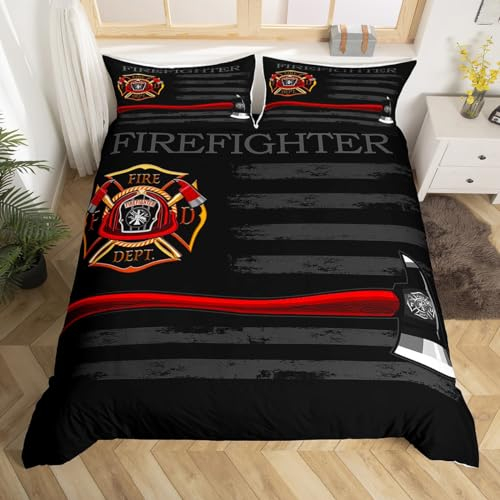 Feuerwehrmann-Bettbezug, Einzelbett, amerikanische Flagge, geometrische Streifen, Bettwäsche-Set, für Jungen und Mädchen, Erwachsene, Raumdekoration, Feuerwehr-LKW-Werkzeuge, Bettdeckenbezug, Rot /