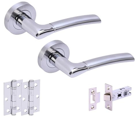 HANDLEZONE Columba Premium Internal Door Handle Pack, Complete with Lever Handles on Rose, 65mm Latch, 75mm Ball Bearing Hinges - Dual Finish Polished/Satin Chrome
