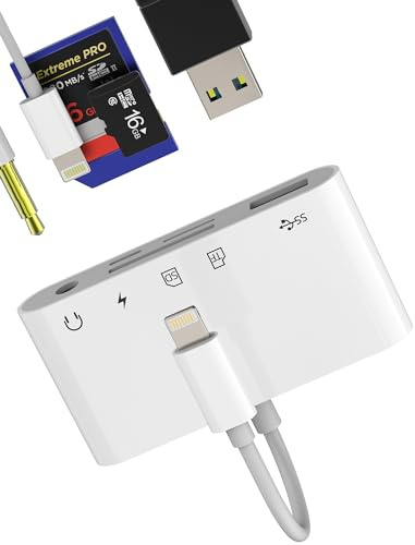 Lightning to 3.5mm Headphone Jack USB OTG Charge Micro SD TF SD Card Reader 5 in 1 for Iphone Aux Adapter Camera Memory Viewer Flash Drive Stick Mouse Keyboard Dongle Audio Charging Converter for iPad