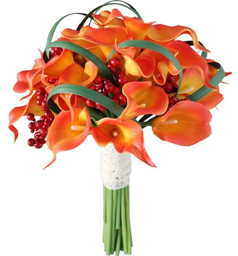 Fouriding Bouquet de mariée artificielles à la main - Bouquet de demoiselle d'honneur pour cérémonie, anniversaire, fête prénuptiale, bouquet de mariage (lys calla orange)