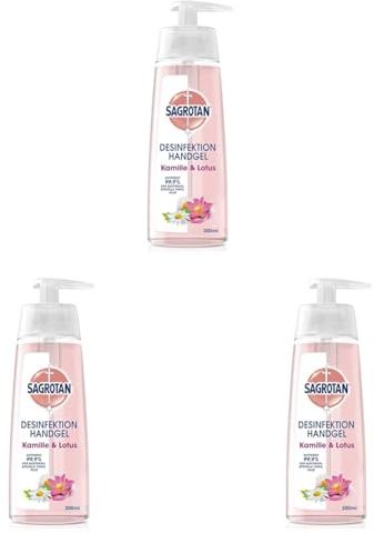 Sagrotan Hand-Desinfektionsgel Kamille & Lotus – Desinfektionsmittel für die Hände im Spender – 1 x 200 ml Gel (Packung mit 3)