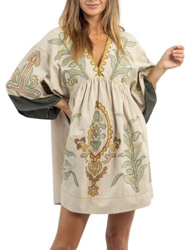 Joiemont Abito da donna oversize ricamato con scollo a V e maniche a 3/4, ricamo vintage babydoll, Oliva, XS