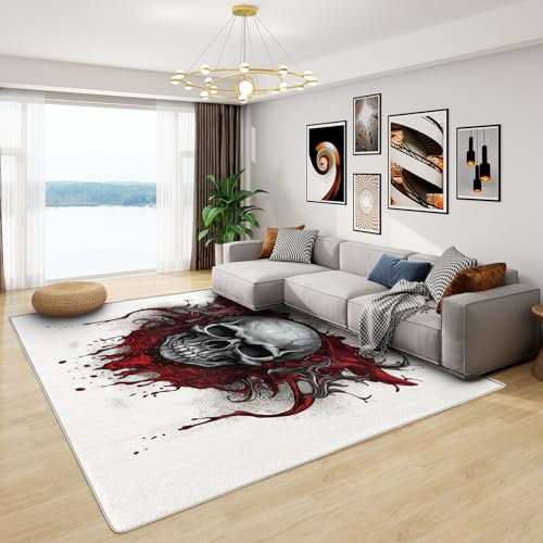 Teppich Mit Totenkopf Motiv - Gothic Wohnzimmer Schlafzimmer, Kleiner Skelett Teppich, Weich Kurzflor & Waschbar & Rutschfest Fussmatte Innen, Kinderteppich 50x80 cm