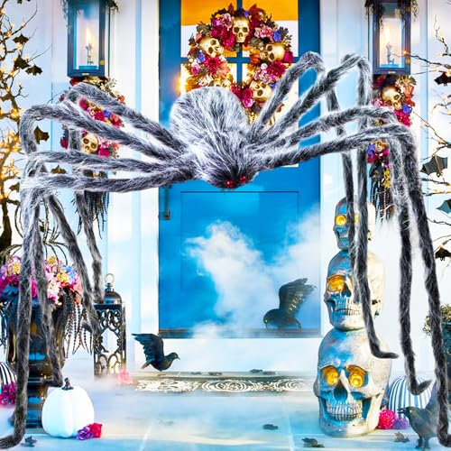 2 Meter Haarige Spinnen Dekoration Halloween, 200cm Groß Gruselige Spinnen Gefälschte Grau Haarige, Riese 2M Realistische Riesig Spinne mit Roten Augen Deko für Außen Innen Party, Garten, Spukhäuser