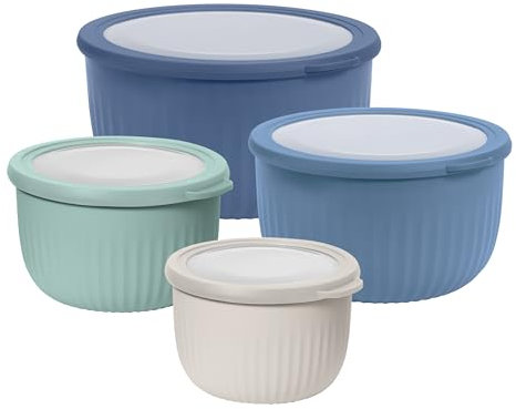 Oggi Set of 4 Prep, Store & Serve Plastic Bowls - w/See-Thru Lids- Dishwasher, Microwave & Freezer Safe, (0.7, 1.4, 2.6, 4 Quarts) - Multicolor